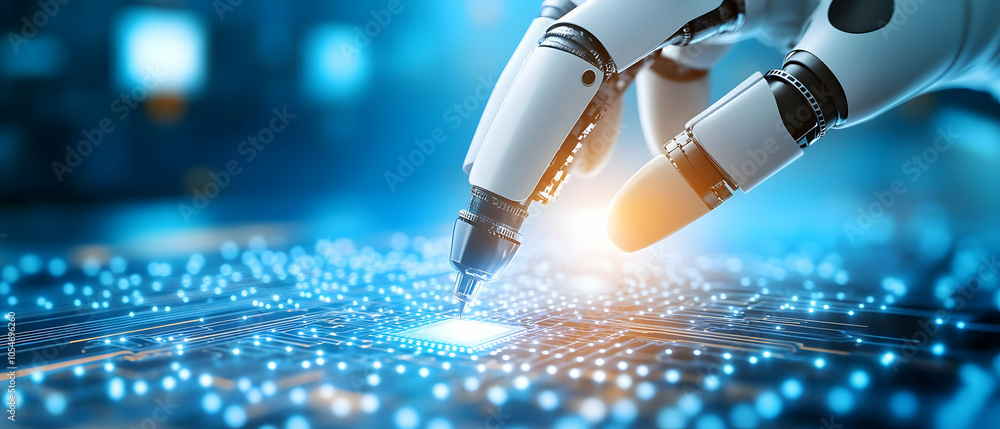 Poster a robotic hand interacts with a digital interface, showcasing advanced technology and automation in 