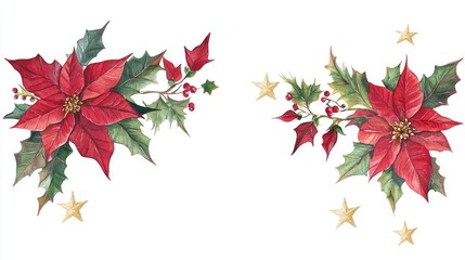 Watercolor painting of poinsettia flowers and holly with golden stars.