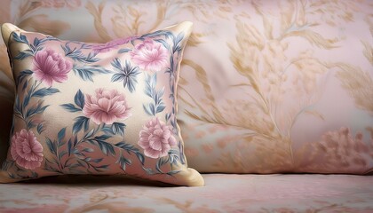 華やかな花柄クッションと布テクスチャが融合した、モダンなインテリアデザイン