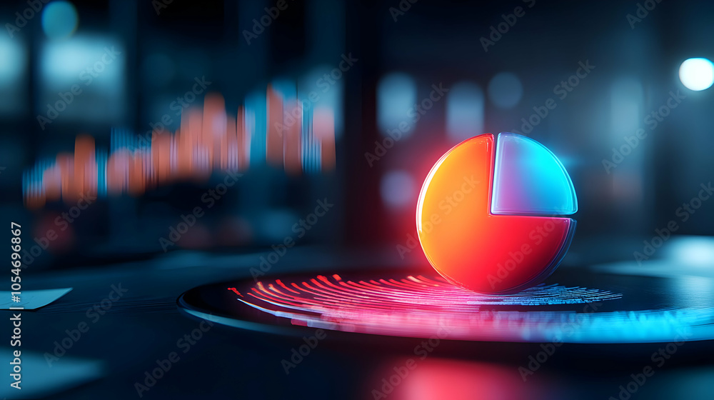 Poster a vibrant 3d pie chart on a sleek interface, symbolizing data visualization and analytics.