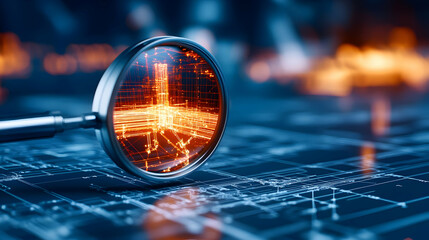 Magnifying glass over a digital blueprint showcasing intricate designs and glowing elements in a high-tech environment.