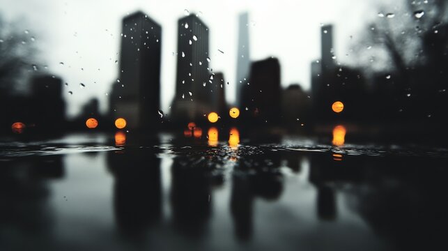Fototapeta A highcontrast black and white photograph of a city skyline in the rain with reflections of streetlights and skyscrapers in puddles.