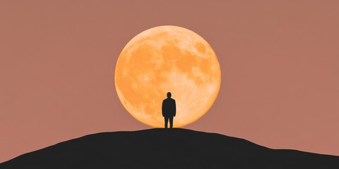 A highcontrast silhouette of a person standing in front of a massive glowing full moon with dramatic lighting and a futuristic vibe.