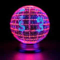 Obraz premium A glowing crystal ball with digital patterns and dollar signs, symbolizing finance.