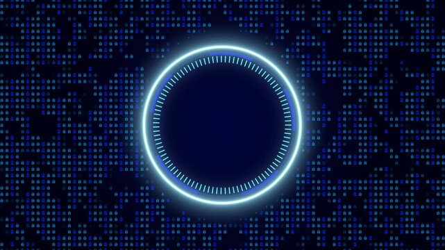 Glowing binary code tunnel with a fiery ring, a dark, abstract digital video animated background