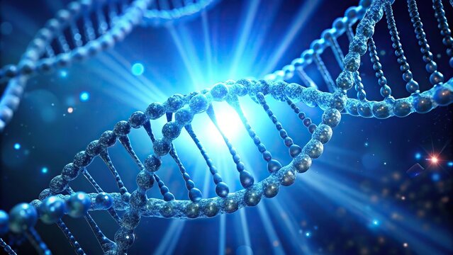 Scientific background of DNA structure illuminated in blue light at a tilted angle