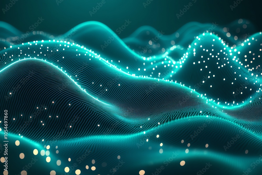 Poster abstract digital landscape with glowing particles and lines.