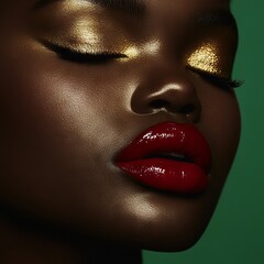 Obraz premium Close-up of a model's face with gold eyeshadow and red lips against a green background.