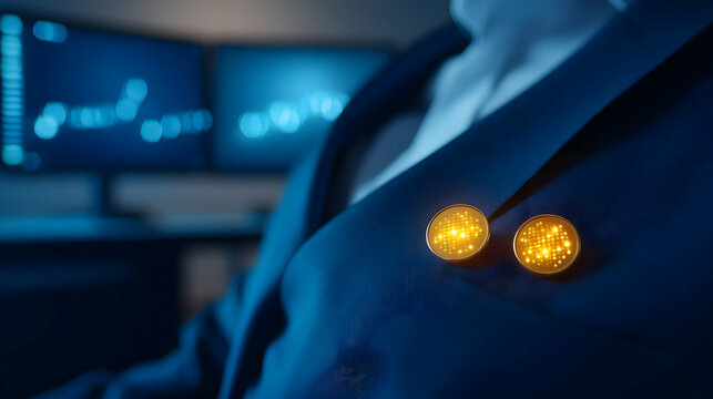 Elegant business attire featuring a suit with distinctive yellow cufflinks, set against a modern office backdrop.