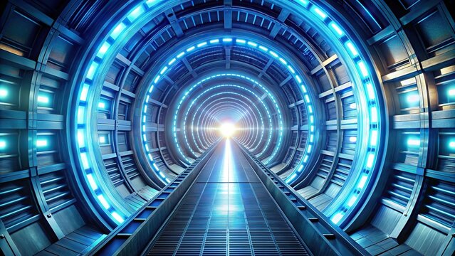 Sci-fi futuristic tunnel with energy beams, stargate warp door