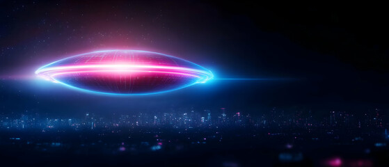Futuristic glowing UFO with vibrant lights hovering over a dark city skyline.