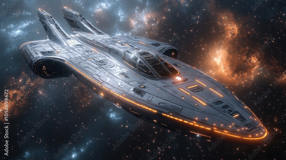 Poster futuristic spaceship navigating through a vibrant cosmic environment.