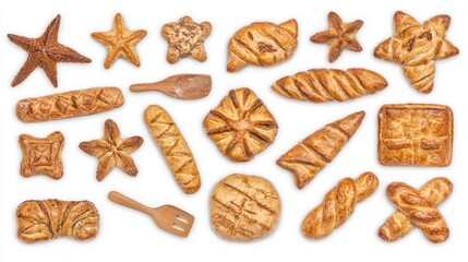 Assortment of fresh baked bread rolls and loaves isolated on white background.