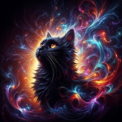 A majestic black cat, gazing serenely, enveloped in a vibrant nebula of swirling cosmic energy, expressing mystical wonder and quiet power. Digital painting, fantasy art, surrealism.
