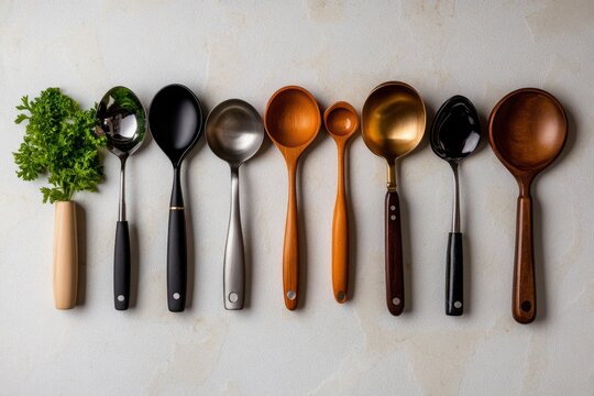Illustration of measuring spoons in different sizes, lined up neatly on a white background, capturing the organized and practical aspect of culinary tools, symbolizing ease and structure