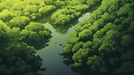 Top view of the lush mangrove ecosystem in koh chang, with narrow waterways weaving through the dense green forest. Mangrove Swamp. Illustration