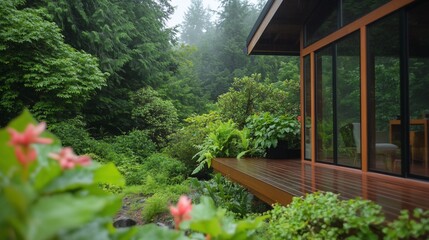 Modern cabin with large windows overlooking a lush, misty forest.