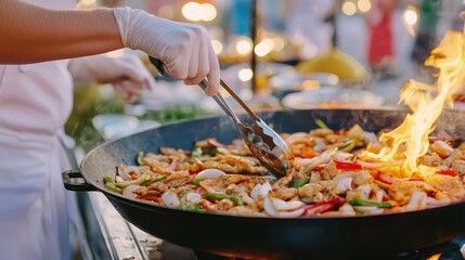 A chef cooks vibrant vegetables and seafood in a large pan, with flames rising, at a festive outdoor market.