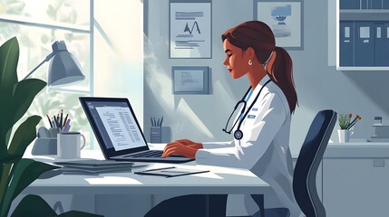 Female Doctor Sitting At Desk Working At Laptop In Office.