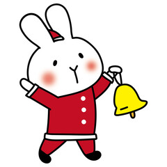 サンタの衣装でクリスマスの飾りつけをする白いうさぎ