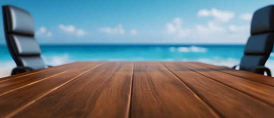 Wooden table with ocean view, offering a serene environment for meetings.