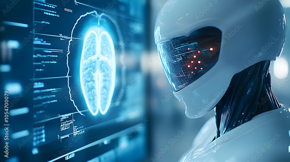 Poster futuristic robot displaying holographic brain interface on screen.