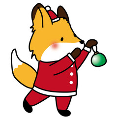 サンタの衣装でクリスマスの飾りつけをするキツネ