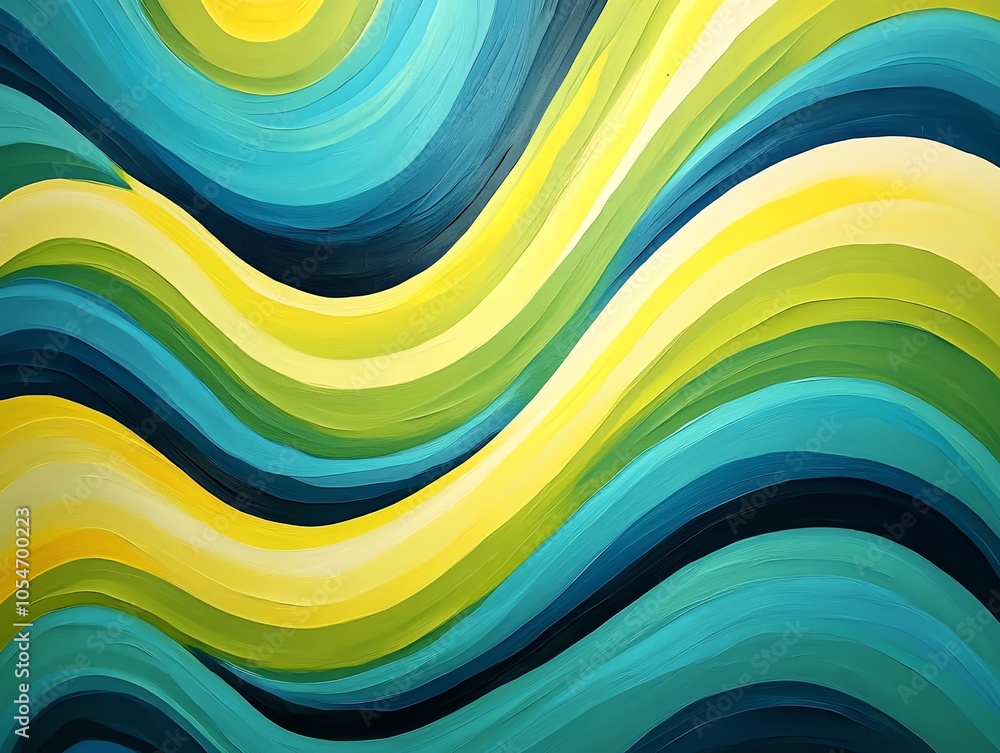 Poster abstract background with wavy lines in blue, green and yellow colors.
