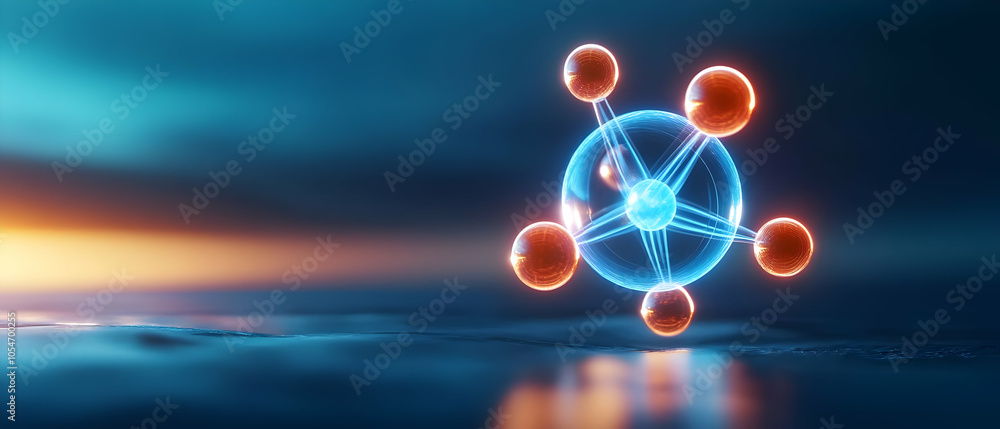 Poster an artistic representation of a molecular structure illuminated by dynamic light.