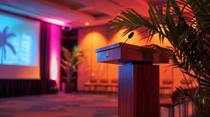 A professionallooking podium stands at the front of the room ready for presentations.