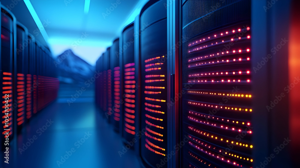 Poster futuristic data center with glowing server racks illuminated in blue and red lights, showcasing adva