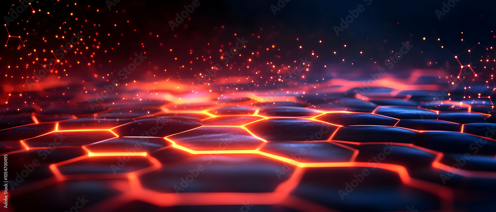 Poster abstract hexagonal pattern with glowing red and blue effects, creating a dynamic and vibrant digital