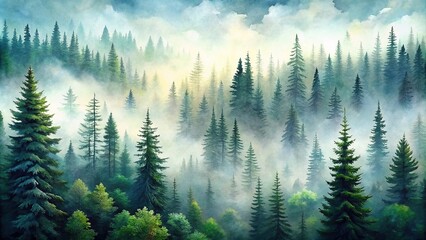 Fototapeta premium Watercolor painting of foggy spruce pine forest scenery