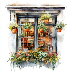 A charming, painted window adorned with hanging pots and vibrant flowers, capturing a cozy and inviting atmosphere.