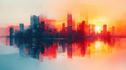 A city skyline with a sunset in the background. Generative AI