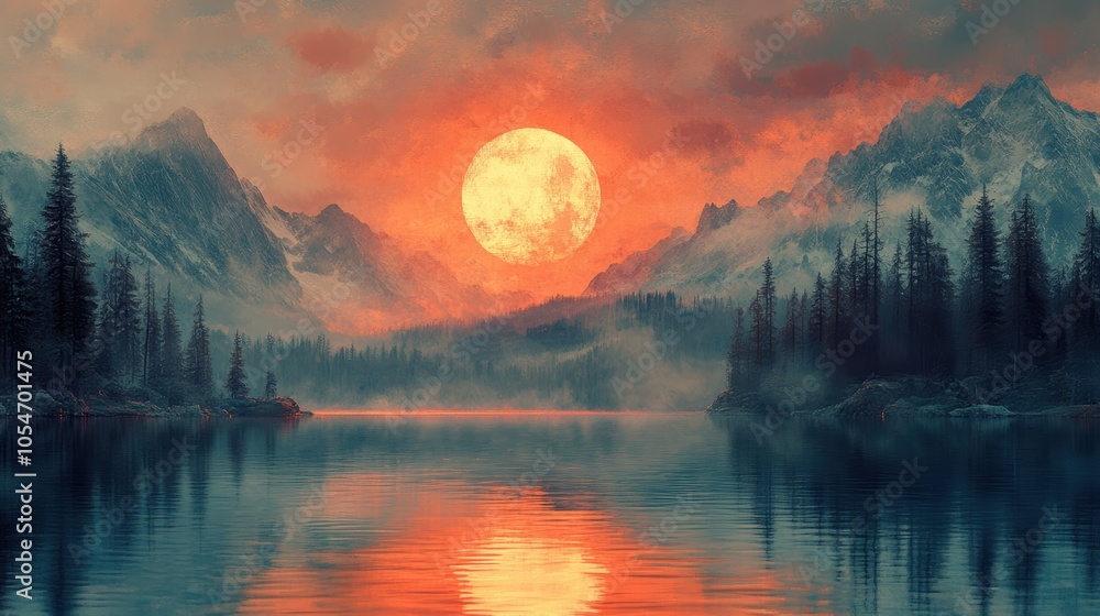 Poster a large red moon is in the sky above a lake with mountains in the background. generative ai