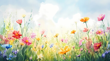 Obraz premium Watercolor painting depicting a colorful field of wildflowers in bloom on a sunny day. Wildflower Meadow. Illustration