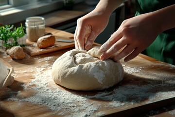 Retro-inspired illustration of hands kneading dough in a rustic kitchen, with muted colors and classic style, capturing the timeless art of bread-making, symbolizing warmth and tradition