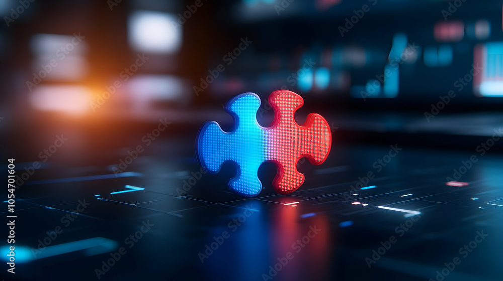 Poster a colorful puzzle piece on a tech-oriented background symbolizing problem-solving and innovation.