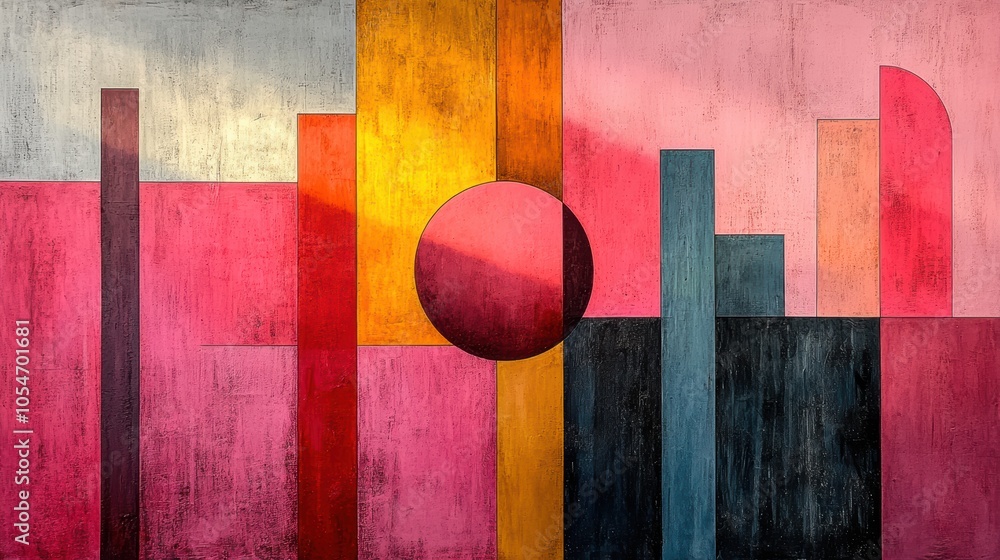 Poster a painting of a cityscape with a large red circle in the middle. generative ai