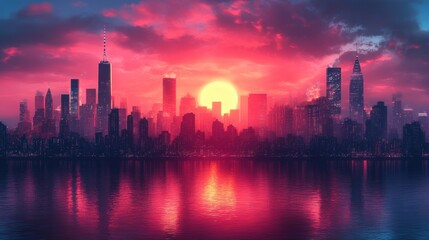 Fototapeta premium A city skyline with a large sun in the sky. Generative AI