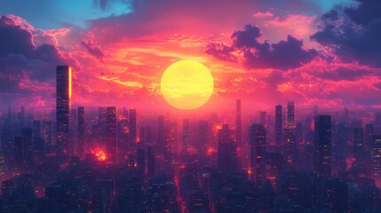 Fototapeta premium A city skyline with a large yellow sun in the sky. Generative AI