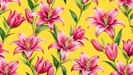 Seamless botanical pattern with magenta lily flowers on yellow background