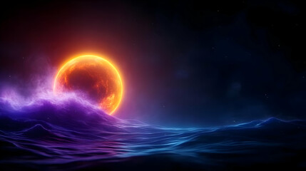 Obraz premium A vivid sunset over ocean waves, featuring a glowing sun amidst dark skies and vibrant colors.
