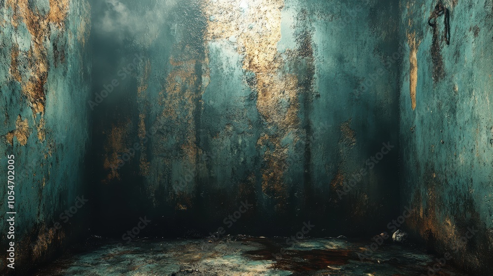 Poster a room with a wall that is covered in rust and has a lot of dirt on it. generative ai
