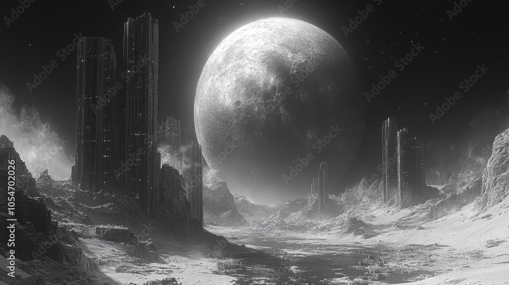 Poster a desolate landscape with a large moon in the sky. generative ai