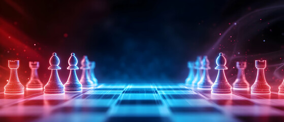 Neon chess pieces on a glowing board with vibrant background lights, creating a futuristic chess game atmosphere.