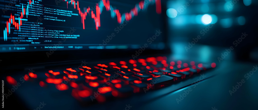 Poster close-up of a gaming laptop keyboard illuminated in red, displaying stock market data on the screen.
