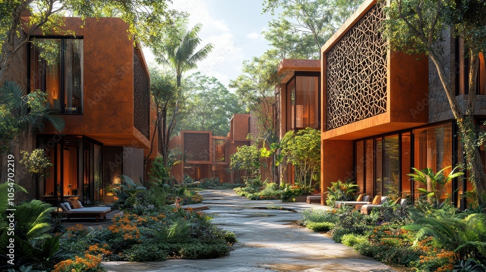 Poster a row of houses with a path in between them. generative ai