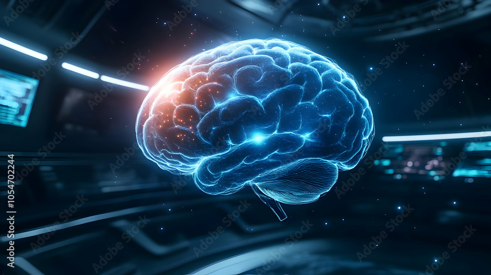 Poster futuristic digital brain, glowing in a high-tech environment, representing cognitive development and